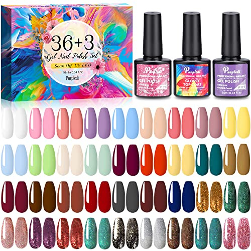 Purpledi 39pcs Vernis à ongles semi-permanent Gel vernis à ongles, (39 Couleurs + 3 Base et Top Coat), Lot Vernis Gel Semi Permanent Vernis à Ongles Gels Semi, UV LED Soak off Manucure Kit 39 × 10 ml