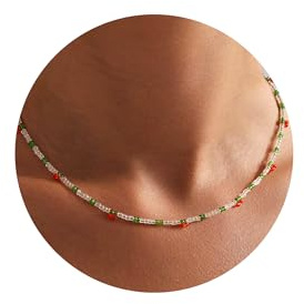 TINGN Colorful Beaded Necklaces for Girls Women Handmade Beads Choker Necklace with Clear Stone Bohemian Necklace Christmas Stocking Stuffer Trendy Jewellery Gifts for Teen Girl Women