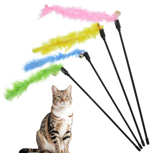 Tweruna 4 PCS Cat Feather Wand Toy, Multicolor Feather Interactive Cat Wand Toy with Bell, Soft Feathers Teaser Toys for Cats Kitten Kitties