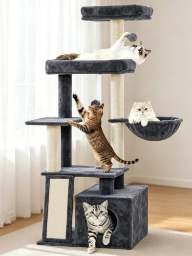 Fobyfurny Rascador Árbol para Gatos, 144 cm Torre para Gatos, Gris Oscuro