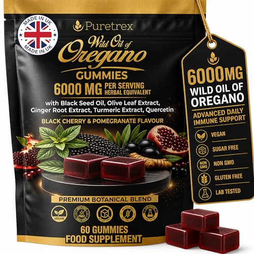 Oregano Oil Gummies 6000mg Herbal Equivalent with Black Seed Oil, Ginger | Standardised 75 Percent Carvacrol with Olive Leaf Quercetin Turmeric Vitamin C and Zinc Black Cherry