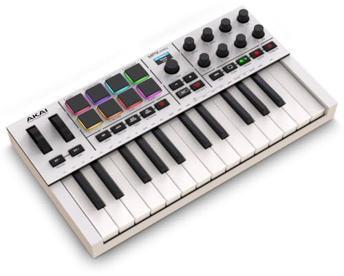 Akai Professional MPK Mini IV 25-Key USB-C MIDI Keyboard Controller, White | Velocity-Sensitive Mini Keys, 8 MPC Pads, 360° Knobs, Chord and Scale Mode, for Beat Makers, Music Production