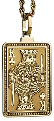 Collar con colgante en relieve de la carta del Rey de Tréboles, fabricado en plata de ley 925 con baño de oro, cadena de eslabones de 45 cm (18), dije rectangular para joyería unisex | LK_EMBO_00709