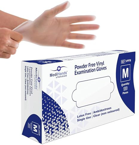 MediHands Clear Vinyl Powder Free Gloves | Food Safe | Disposable | Latex Free | Medium - Pack of 100