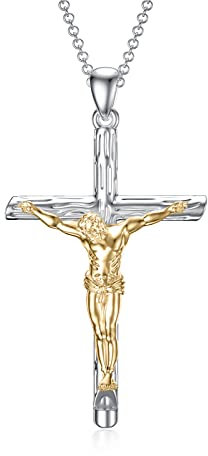 Kreuz Kette für Männer Mädchen Sterling Silber Kreuz Anhänger Kette für Jungen Glaube Kreuz Halskette Religiöser Schmuck für Herren Vater Sohn Kreuz Geschenk für Ihn (Kreuz- Gold Jesus)