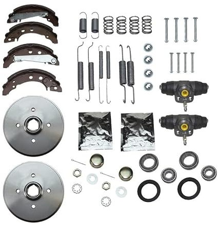 BESTPRICE Bremsensatz Hinterachse inkl. 2x Bremstrommel Hinterachse 2x ABS-Ring Hinterachse 4x Bremsbacken Hinterachse mit Montagesatz 2x Radbremszylinder 2x Radlager Hinterachse
