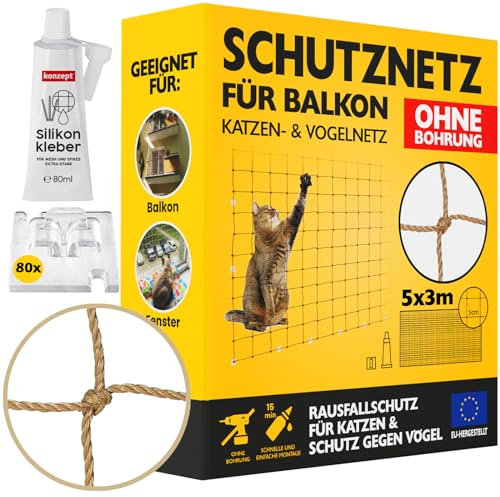 Konzept 11 - Katzennetz für Balkon Ohne Bohren Set 5x3M, Vogelabwehr Sicherheitsnetz für Fenster, Balkon, Katze, Starker Balkonnetz Vogelschutznetz Volierennetz