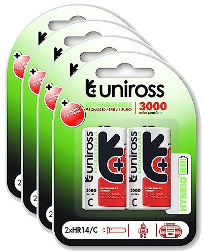 Uniross Pack de 4 x 2 Piles Rechargeables C/HR14 3000 NIMH HYBRIO, 1.2V