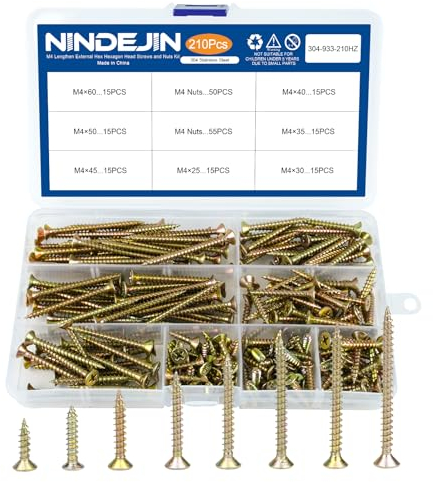 NINDEJIN Wood Screws Kit, M4 with 8 Size, Flat Head Cross Recessed Fiberboard Screw Finish with Yellow Zinc Plated, 210 pcs Phillips Drive Self Tapping Screw for Chipboard