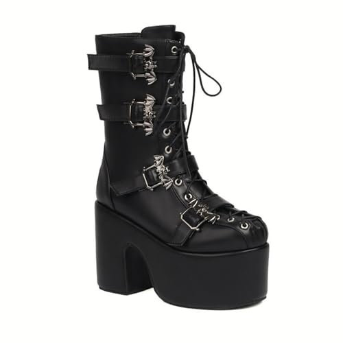 Frau PU Leder Gothic Stiefel Winter Ferse Block Stiefel Punks Plattform Party Schuhe,Schwarz,46 EU