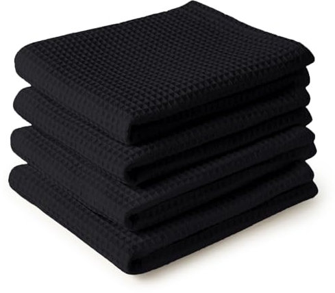 Encasa XO Kitchen Dish Towels Set | Black | Waffle Weave and Flat Hand Tea Towel | 70x45 cm | Quick Drying Reusable Cotton Washcloths | Multipurpose Lightweight Dishcloths Set of 4