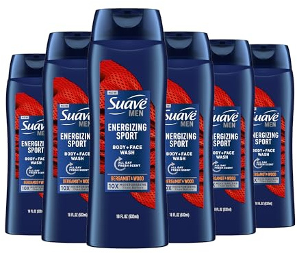 Suave Men Moisturizing Body & Face Wash, Energizing Sport with Bergamot & Wood Scent, No Parabens, No Phtahaltes, 18 Oz Pack of 6