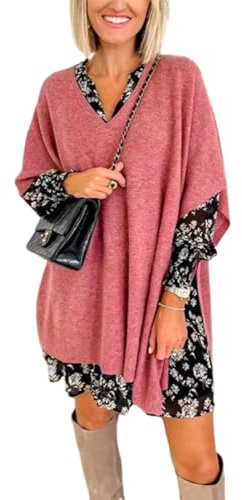 Melliflo Damen Vielseitiger einfarbiger gestrickter Schal, Kurzarm-Poncho, Pullover, leichter Frühlingsschal, Wickeltuch, Medium, Rosa