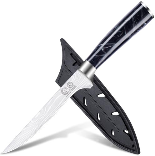 XYJ coltello da cucina, 6 pollici ultra tagliente disossare coltello, in acciaio inox, vena Damasco modello, intaglio disossamento coltello con copertura, manico in resina, campeggio all'aperto