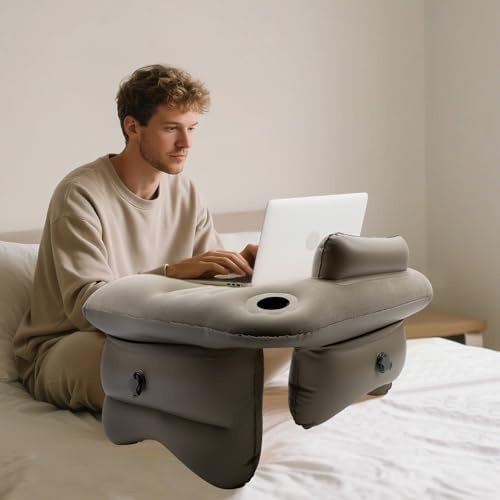 EOJDDPA Portable Inflatable Reading Pillow and Gaming Cushion for Bed, Couch, and Floor – Foldable Lap Desk Reading Pillow for Adults with Armrests, Neck Roll, and Wrist Support (GRAY)