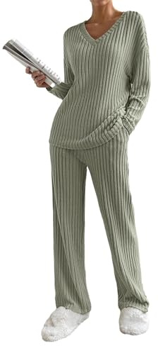 EFOGEP Womens Pajama Sets 2PCS: Long Sleeve Ribbed Knit V Neck Pullover Top Sweater and Wide Leg Trousers Pjs Tracksuit Lounge Wear Sleepwear Homewear Fall Winter Clothes with Pockets Army Green S