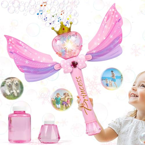 ZWOOS Seifenblasenmaschine Kinder, Bubble Machine mit 130ML Seifenblasen, Prinzessinnen Themen, Musik und Licht Zauberstab für Geburtstag/Party/Hochzeit