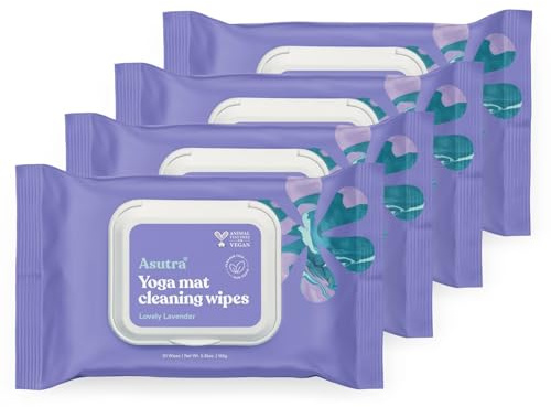 ASUTRA Yoga Mat Cleaning Wipes (Lovely Lavender), 4 Pouches (30 Wipes Each) - No Slippery Residue, Deep-Cleansing for Fitness Gear & Gym Equipment