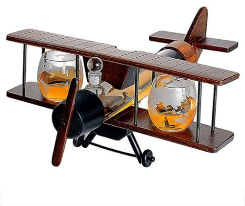 Whiskykaraff - Whiskyflaskstaty, flygplansformad whiskykaraff, 1 000 ml, med stativ och två koppar, borosilikatglas vinflaskset