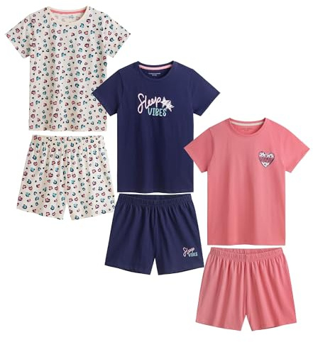 3 Pack Girls Shorty Pyjamas Sets 100% Cotton Comfortable Sleepwear with Elasticated Waist Short Sleeve Tops & Shorts Kids Nightwear Gift Set (UK, Age, 12 Years, 13 Years, Animal)
