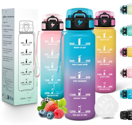 Motswedi Gourde Enfant, 500 ml, Anti-Fuite, Gourde Sport, avec Marqueur de Temps, Bouteille d'eau, Réutilisable, Sans BPA, Bouteille pour École, Sport, Yoga, Fitness, Randonnée, Bleu Violet