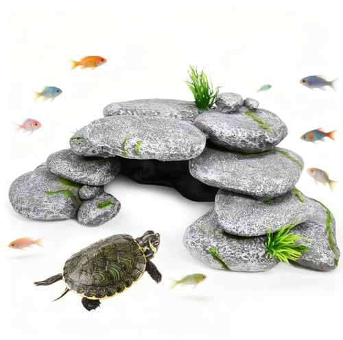 Zuxbolf Cachette Aquarium Tortue, 23 * 12.5 * 7.5cm Décorations d'Aquarium en Résine, Pierre Aquarium Decoration, Cachettes et Grottes pour Les Reptiles, Tortues, Crevettes, Betta, Poisson