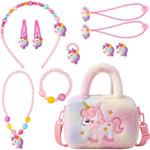 MUNSKT Bijoux Enfants Fille,Licorne Sac a Main,Licorne Collier Bracelet Boucle d'oreille Bagues kit Bijoux pour Cadeau petite fille 3 4 5 6 7 ans