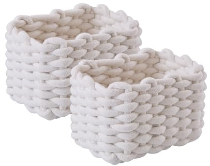 Aufbewahrungskorb Baumwolle 2er Set Geflochten Strickkorb, Badezimmer Organizer Wickeltisch Organizer Dekorative Quadratische Speicher Regalkörbe Für Schminke Socken Spielzeug (Weiß)