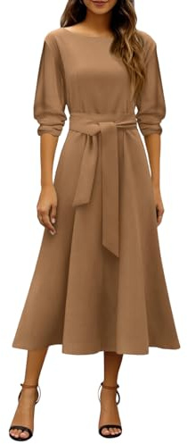 Vestito Donna Elegante Manica A 3/4 - Abiti da Donna Scollo Rotondo Tinte Unite Slim Fit, Abiti Midi Affascinante, Dress Casual Moda Adatto per La Primavera E L'autunno Cachi M