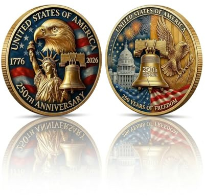 MGYHWJA America 250th Anniversary Challenge Coin 1776-2026 | USA Semiquincentennial Commemorative Medallion | Eagle & Liberty Bell Design Souvenir, Patriotic Keepsake for Veterans (1 Pcs)