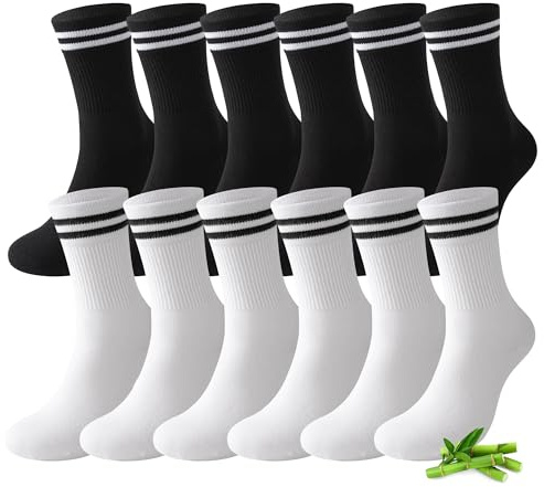 FALARY 6 Paar Socken Herren 43-46 Damen Sportsocken Tennis Socken Baumwolle Bambussocken Laufsocken Schwarz-Weiß
