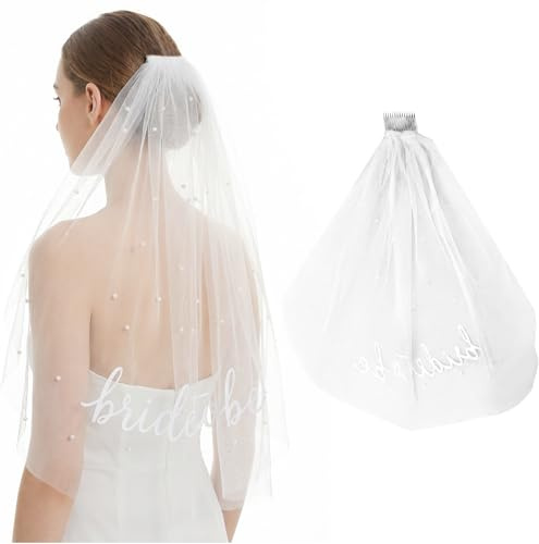 Merzio Bride to Be Veil, Pearl Bridal Veil, White Short Wedding Veil for Bachelorette Party, Hen Do Veil Bridal Gifts for the Bride