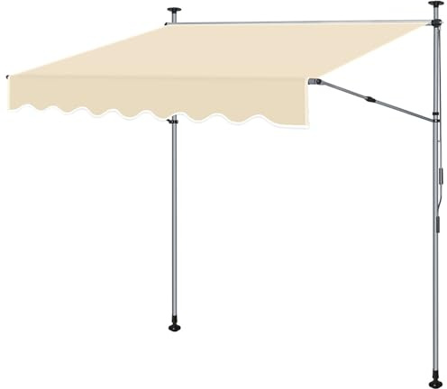 Ollewiellan Tenda da sole da balcone, larghezza 300 cm, con manovella, senza foratura, tenda da sole con aste laterali allungate, resistente ai raggi UV, altezza regolabile, colore beige