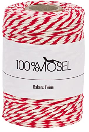100% Mosel Spago di Cotone, Bicolore Rosso e Bianco (2 mm x 100 m), Nastro di Cotone durevole, spago per alimenti, Nastro regalo per Natale e Avvento, Spago da Imballaggio per ogni occasione