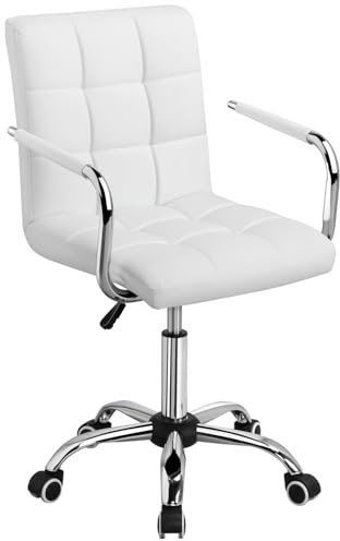 Yaheetech Bürostuhl Schreibtischstuhl Drehstuhl Drehocker Arbeitshocker mit abnehmbare Armlehnen, höhenverstellbar aus Kunstleder Weiß