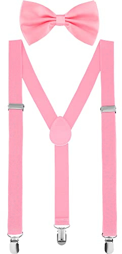 SATINIOR Suspender and Bow Tie Set 80s Clip on Suspenders for Men Women(Pink)