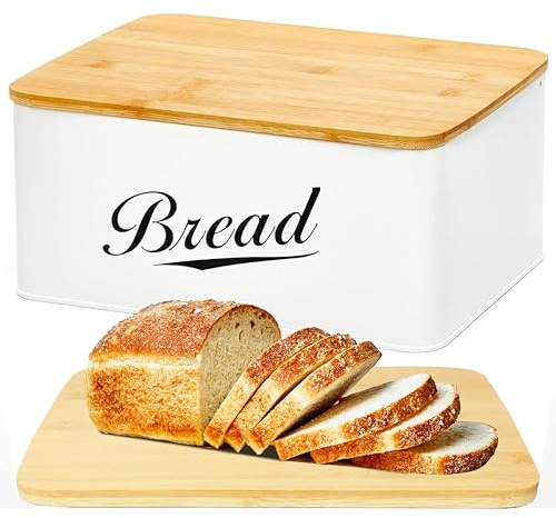 RoyalHouse Modern Metal Bread Box with Bamboo Cutting Board Lid, Bread Storage Container for Kitchen Counter, Vintage Kitchen Decor Organizer