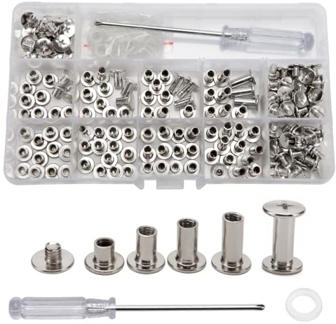 YIXISI 100 Set Chicago Bindande Skruvar Diverse Kit, 4 Storlekar Metall Runt Korshuvud Bokbindningsskruvar Och Stolpar, med Skruvmejsel, för Diy LäDer Dekoration Bokbindning, Silver