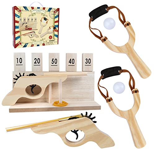 Gonoelec Pistola de Gomas de Madera + Diana con Números, Juego de Catapulto y Tiro al Blanco para Exterior, Regalo para Niños, Adultos, Adolescentes y Fiestas en Familia