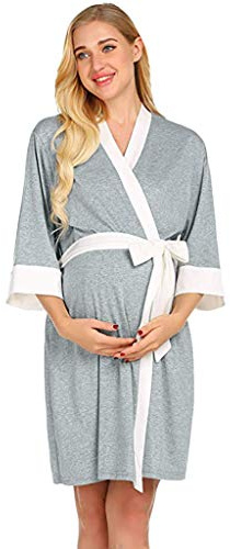 Morgonrock graviditet: Badrock gravid badrock mjuk amningsnattlinne badrockar för gravida kvinnor med tofs amnings-nattlinne/sovtröja/amningsnattlinne/moderskap/mammanattlinne, GRÅ, L
