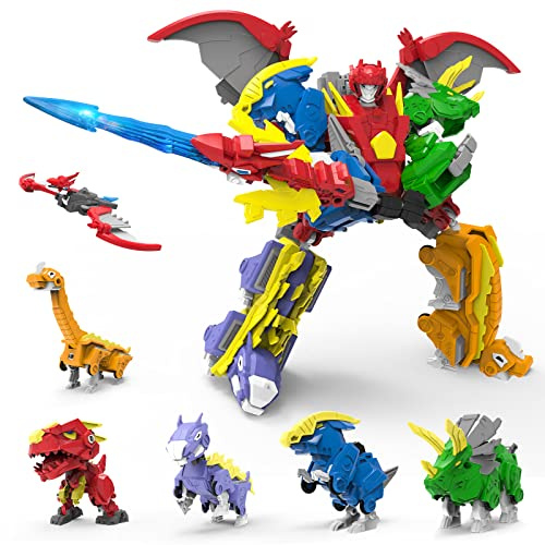 XUEXUE Robot Dinosaurio 6-in-1 Combinati Grandi Robot da Smontare Inclusi 6 Figure d'Azione di Dinosauri - Triceratops Deformabile per Bambini 6-9 Anni