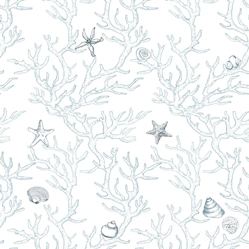 Dviolet Peel and Stick White and Light Blue Contact Paper - Coral/Seashell/Starfish Wallpaper for Kids Room Walls - Removable - 17.3X 393