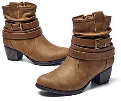 VJH confort Women's Mid Calf Boots,Round Toe Comfort Low Heel Slouchy Dress Booties with Buckle Strap Side Zipper (camel,10.5)