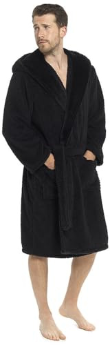 GM Apparel Dressing Gowns for Men - Fleece Gown Sherpa Hooded Bathrobe - Black Grey Robes Bath Robe for Mens (L, Black)
