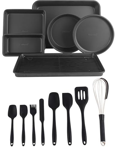 Salter COMBO-8946 Bakes Bakeware & Utensil Set – 7 Stackable Non-Stick Oven Trays, 8 Silicone Cooking Tools, Baking Tray, Cake Tins, Roasting Tin, Cooling Rack, PFOA-Free, Easy Clean, Black