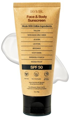Sky and Sol Mineral Sunscreen SPF 50 | With Grass-Fed Tallow & Zinc Oxide | Non-Greasy Formula for Face & Body | Made Without Reef-Harming UV Filters | 3 oz (85 g)