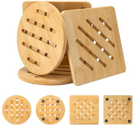 VOSSOT Untersetzer aus Bambus, 4 Stück, rutschfest, waschbar, hitzebeständig, für Küche, Schüssel, Töpfe, Teller, Teekanne
