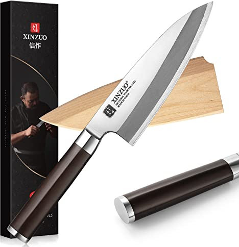 XINZUO 18cm Coltello Deba Acciaio Inossidabile X8Cr14MoV, Coltello da Sushi Professionale Lama Singola Coltello Sashimi, Manico in Legno di Ebano -con Fodero in Legno di Betulla