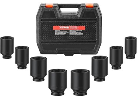 VEVOR Jeu de Douilles à Chocs Profondes pour Écrous d’Essieu 8PCs, Coffret de Douilles pour Écrous à Entraînement de 1/2 po 12,7 mm, 12 Pans, Outil de Montage et Démontage pour Réparation Automobile