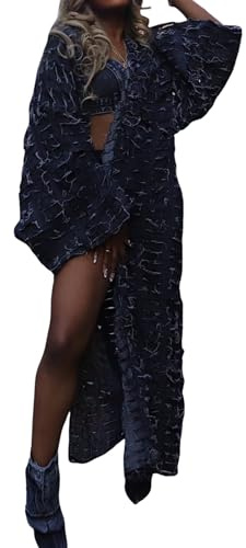Cárdigan largo de mezclilla desgastado para mujer, rasgado, ligero, manga larga, ahuecado, frente abierto, chaqueta larga de mezclilla, Negro -, talla única